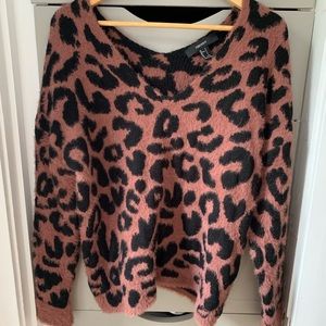 Forever 21 Leopard Print Pink Fuzzy Sweater Small